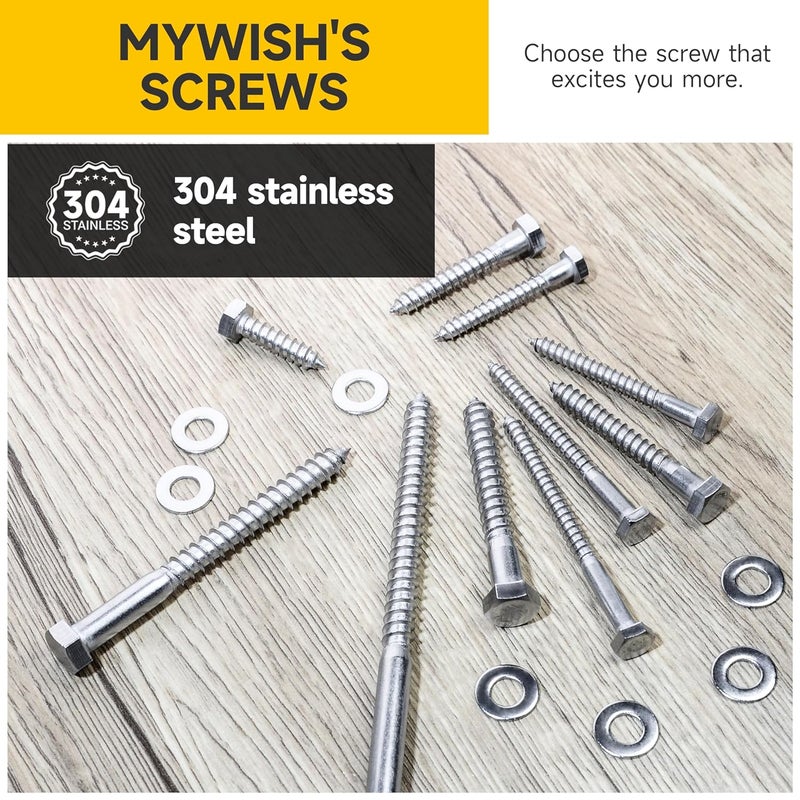 MYWISH (20Sets) 1/4" x 3" Hex Head Lag Bolts, Heavy Duty Lag Screws with Washers, 304 Stainless Steel Bolts 18-8, Lag Screws Wood Screws, Partial Thread Bright Finish, 1/4 Bolt by - Image 5
